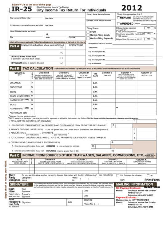 Fillable Form Ir 25 City Income Tax Return For Individuals City Of 