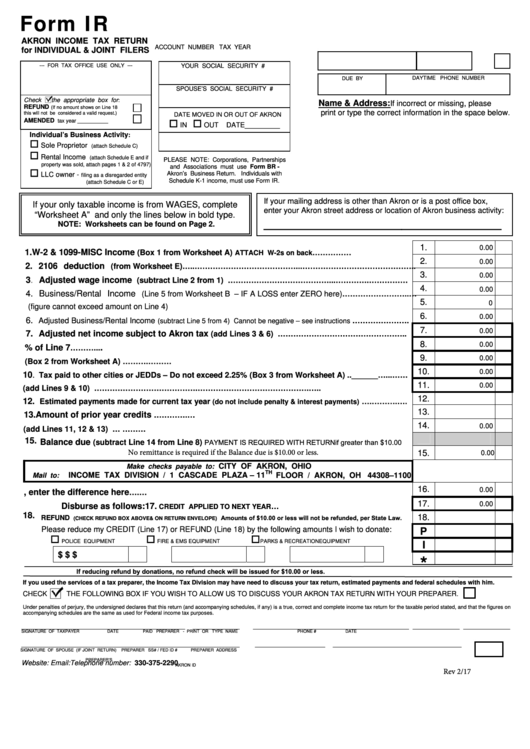 Fillable Form Ir Akron Income Tax Return For Individual Joint