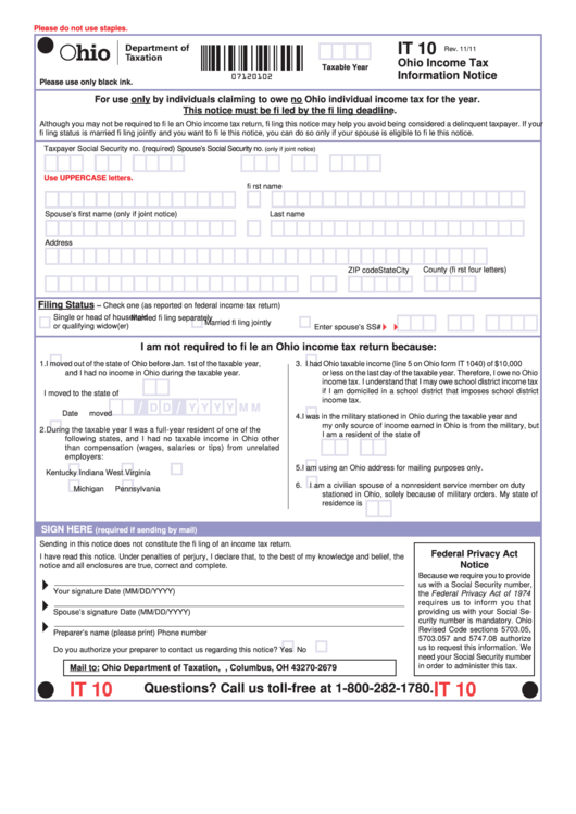 Fillable Form It 10 Ohio Income Tax Information Notice Printable Pdf 