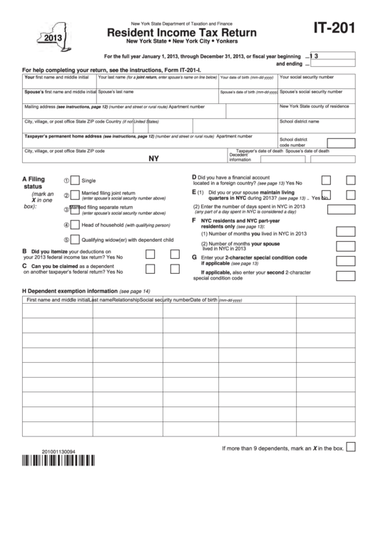 Fillable Form It 201 Resident Income Tax Return 2013 Printable Pdf Fillable Form It 201 Resident Income Tax Return 2013 Printable Pdf