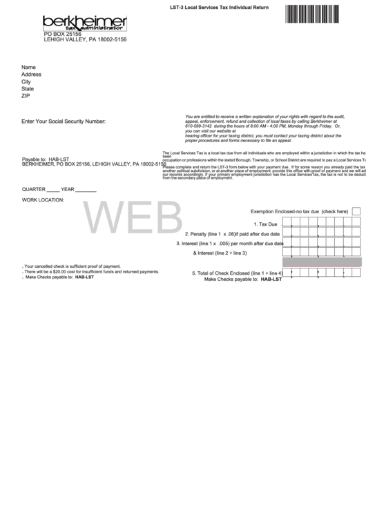 Fillable Form Lst 3 Local Services Tax Individual Return Printable 