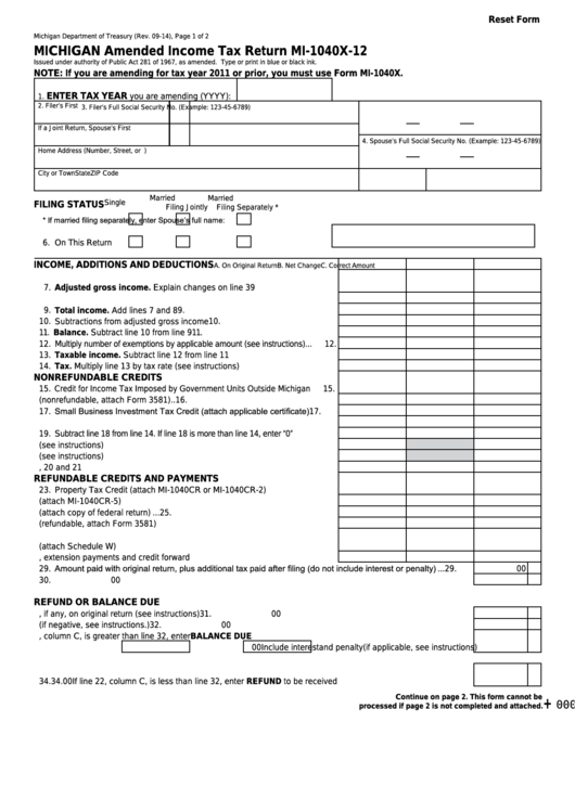 Fillable Form Mi 1040x 12 Michigan Amended Income Tax Return 