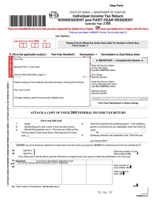 Fillable Form N 15 Individual Income Tax Return Nonresident And Part