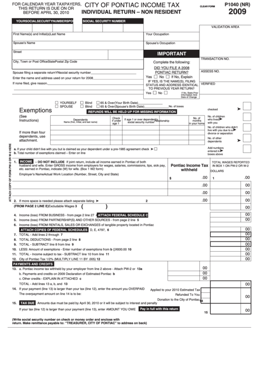 Fillable Form P1040 Nr City Of Pontiac Income Tax Individual 