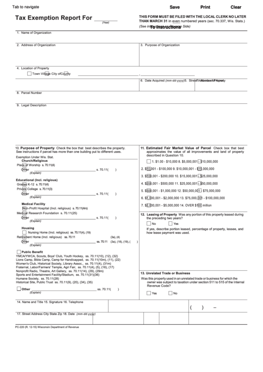 Fillable Form Pc 220 Tax Exemption Report Form Wisconsin Printable 