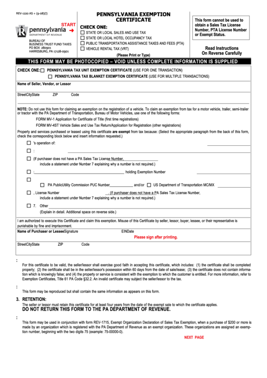 Fillable Form Rev 1220 Pennsylvania Exemption Certifi Vrogue co