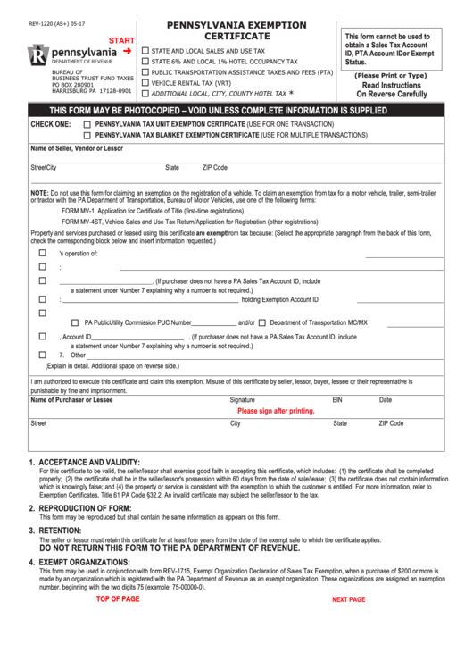 Fillable Form Rev 1220 Pennsylvania Exemption Certificate Printable 
