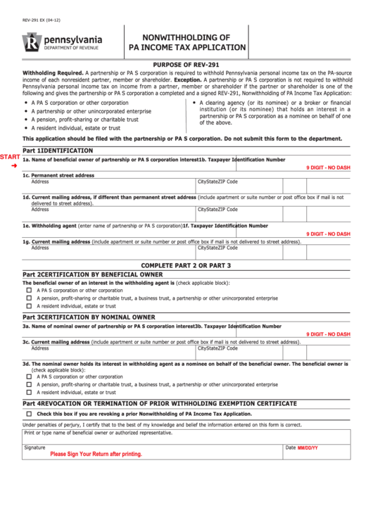 Fillable Form Rev 291 Ex Nonwithholding Of Pa Income Tax Application 