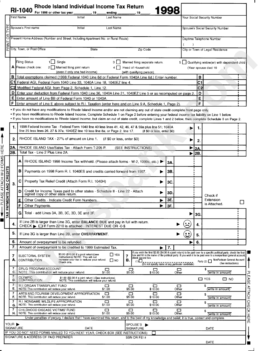 Fillable Form Ri 1040 Rhode Island Individual Income Tax Return 