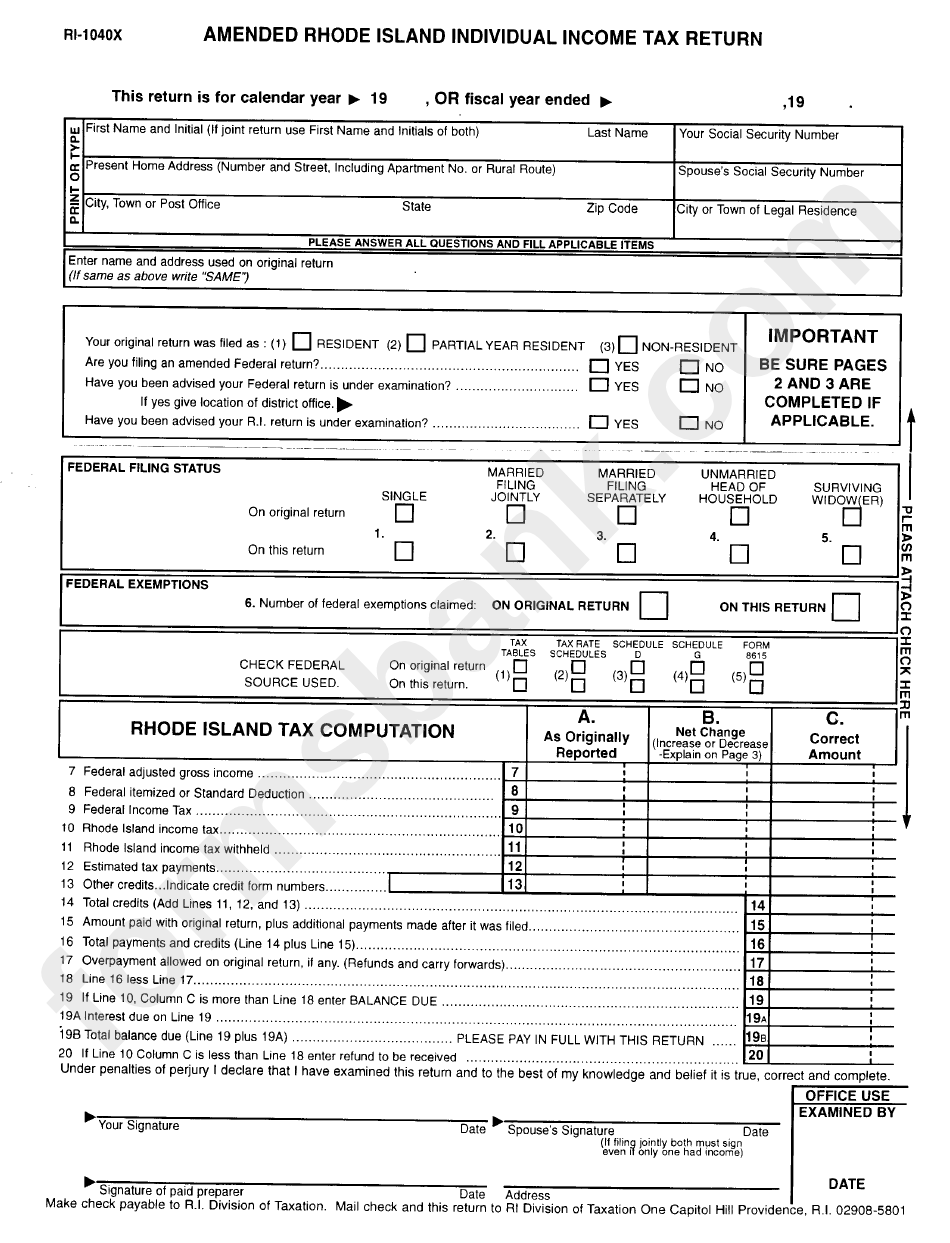 Fillable Form Ri 1040x Amended Rhode Island Individual Income Tax