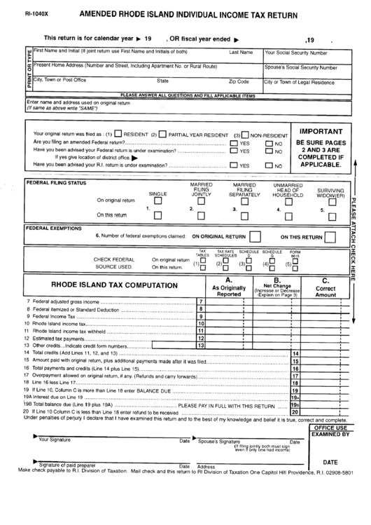 Fillable Form Ri 1040x Amended Rhode Island Individual Income Tax 