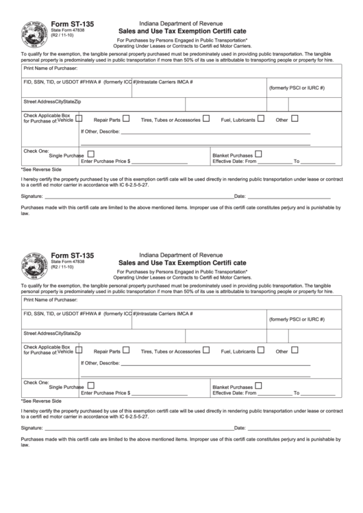 Fillable Form St 135 Sales And Use Tax Exemption Certificate Fillable Form St 135 Sales And Use Tax Exemption Certificate
