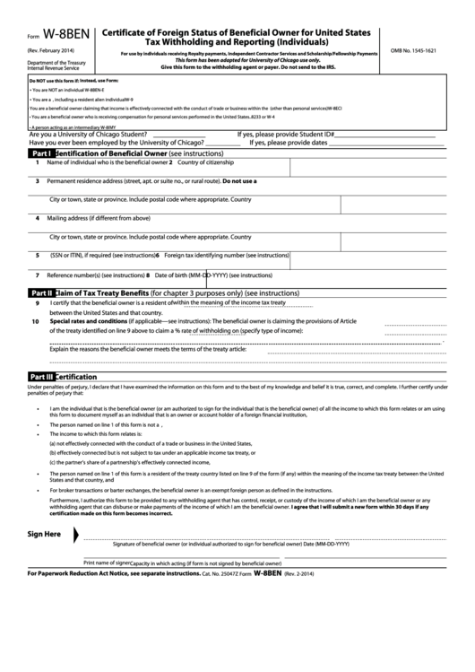 Fillable Form W 8ben Certificate Of Foreign Status Of Beneficial Owner 