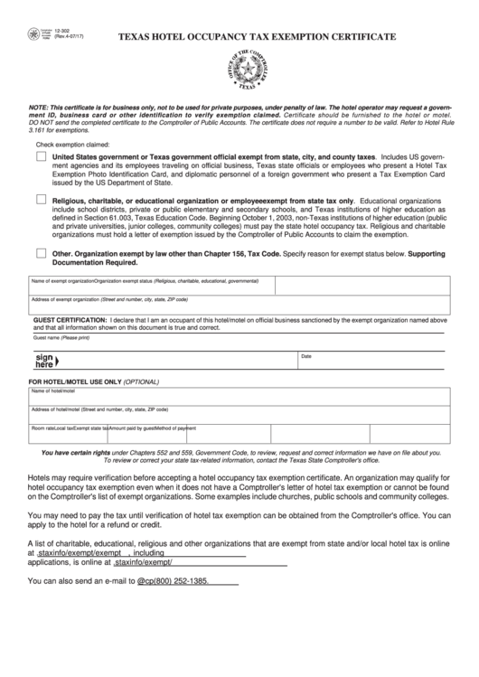 Fillable Hotel Tax Exempt Certificate Printable Pdf Download