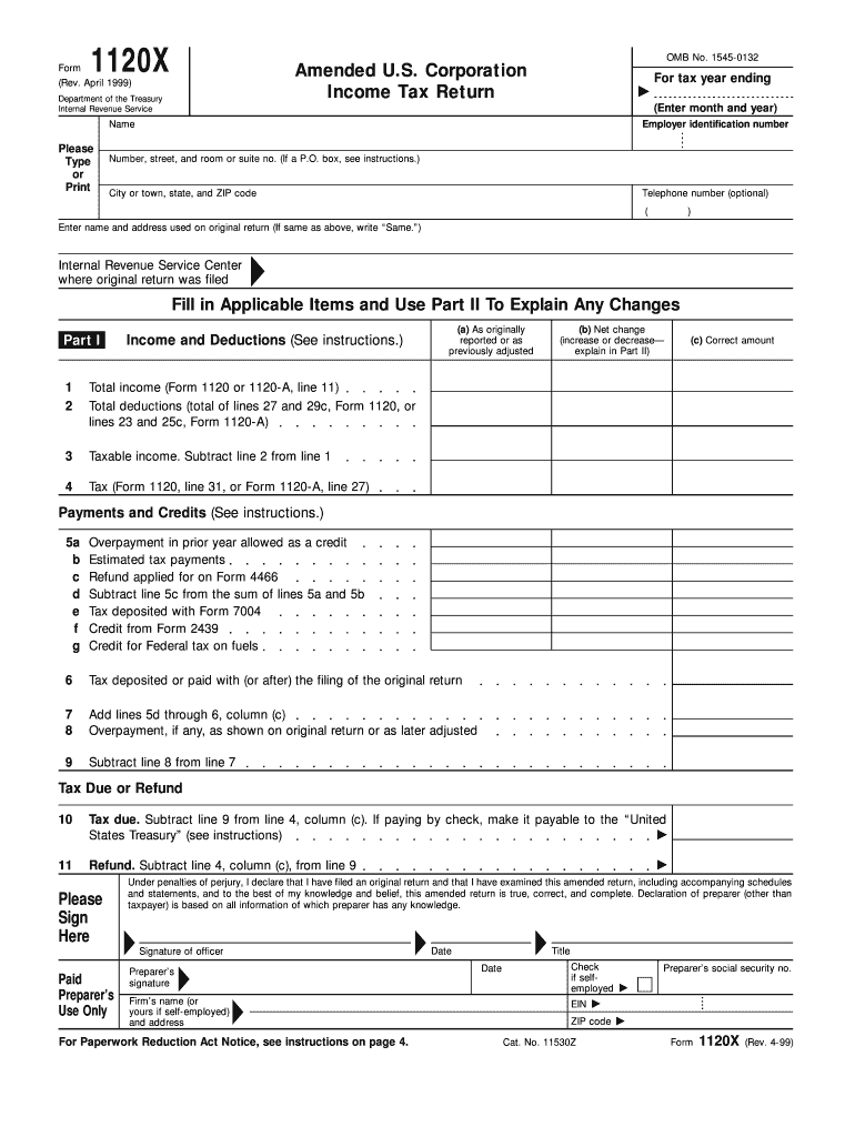 Fillable Online 0499 Form 1120X Amended US Corporation Income Tax 
