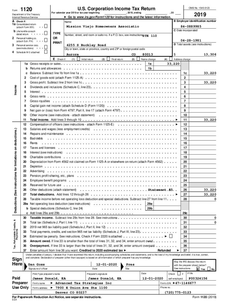 Fillable Online 1120 U S Corporation Income Tax Return Form 2019 Fax 