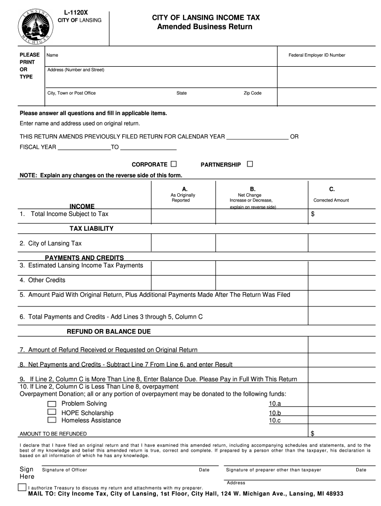Fillable Online 1120XL OF LANSING INCOME TAX CITY OF LANSING CITY