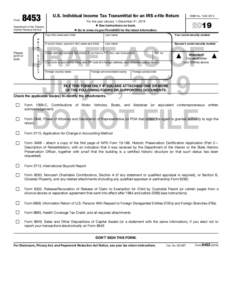 Fillable Online 2019 Form 8453 U S Individual Income Tax Transmittal 