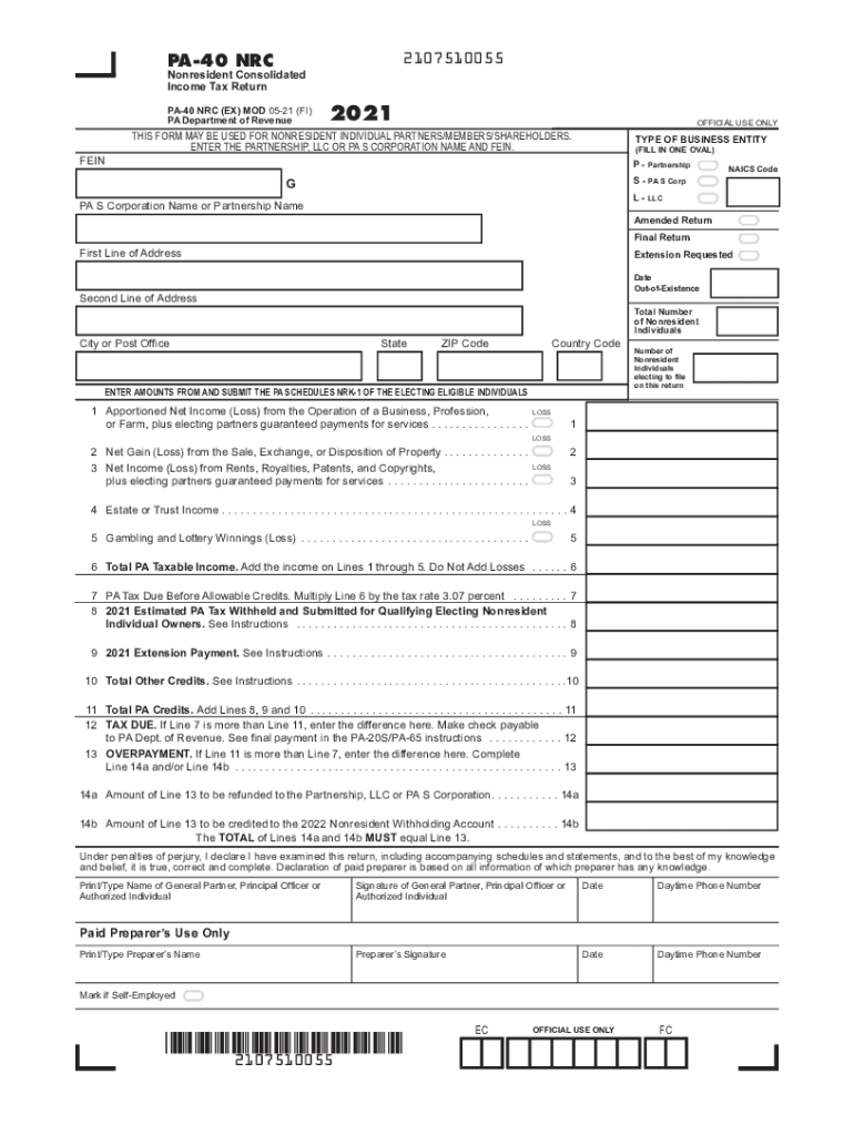 Fillable Online 2021 PA 40 NRC Nonresident Consolidated Income Tax 