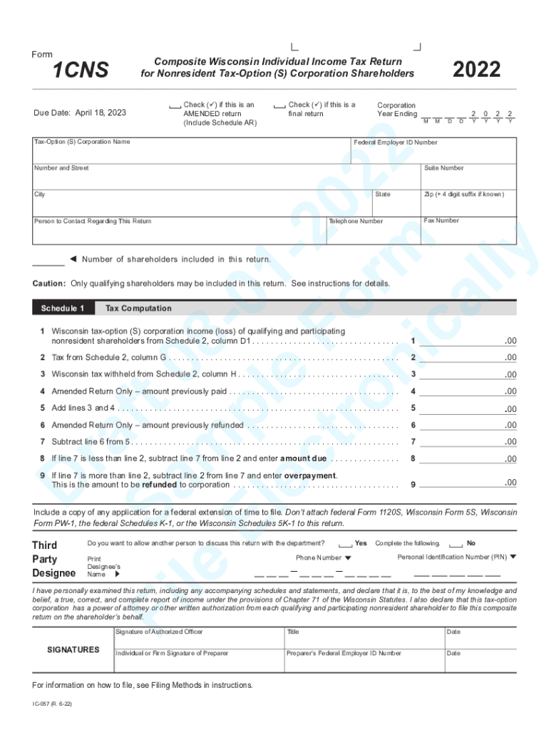 Fillable Online 2022 IC 057 Form 1CNS Composite Wisconsin Individual 