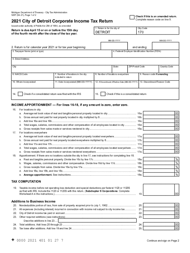 Fillable Online 5297 2021 City Of Detroit Corporate Income Tax Return 