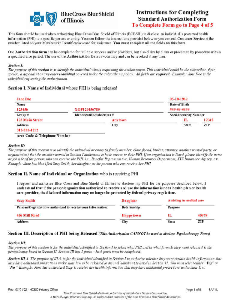 Fillable Online Blue Cross Blue Shield Of Illinois Authorization Form 