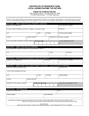 Fillable Online CERTIFICATE OF RESIDENCE FORM LOCAL EARNED INCOME TAX 