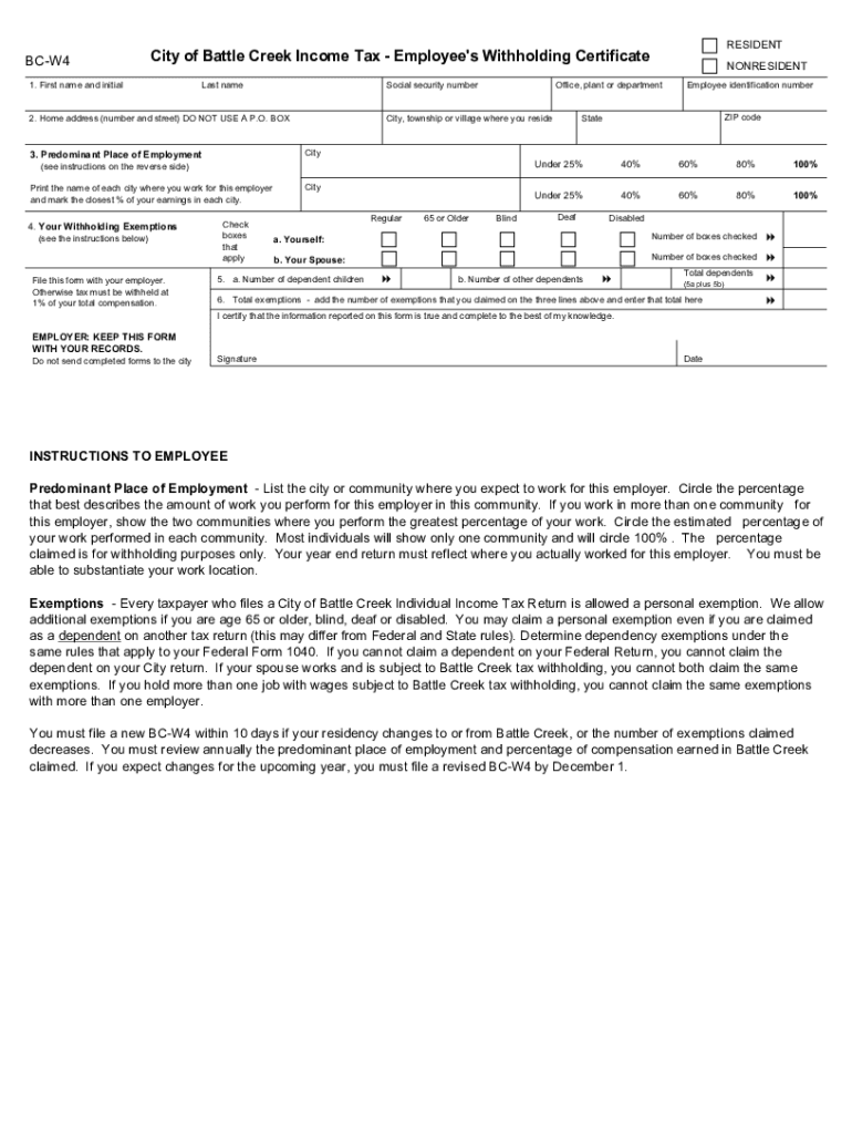 Fillable Online City Of Battle Creek Income Tax Employee 39 s 