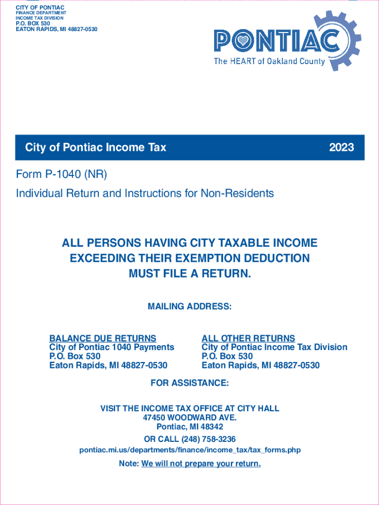 Fillable Online City Of Pontiac Income Tax 20239 Form P 1040 NR 