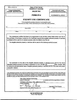 Fillable Online EXEMPT USE CERTIFICATE Tax Exempt Form New Jersey 