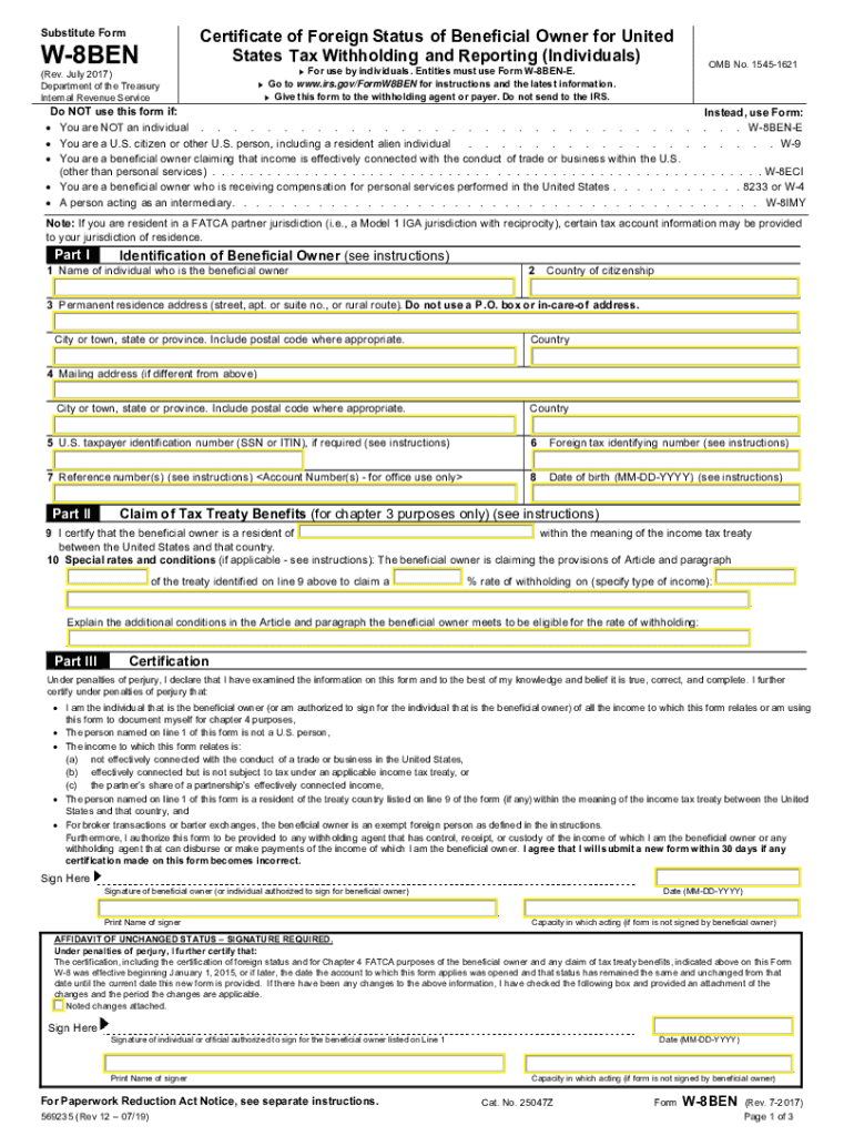 Fillable Online Fill Free Fillable W 8BEN PDF FormW 8BEN Certificate 
