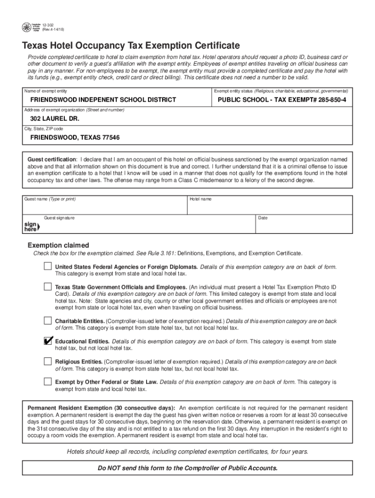 Fillable Online Fillable Online 12 302 Hotel Occupancy Tax Exemption 