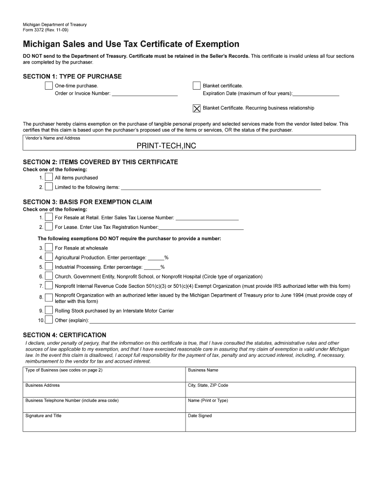 Fillable Online Form 3372 Michigan Sales And Use Tax Certificate Of 