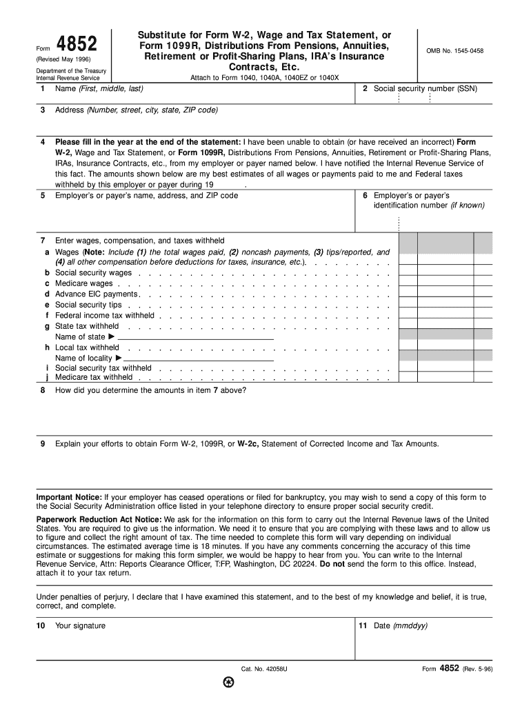 Fillable Online Form 4852 Revised May 1996 Department Of The Treasury 