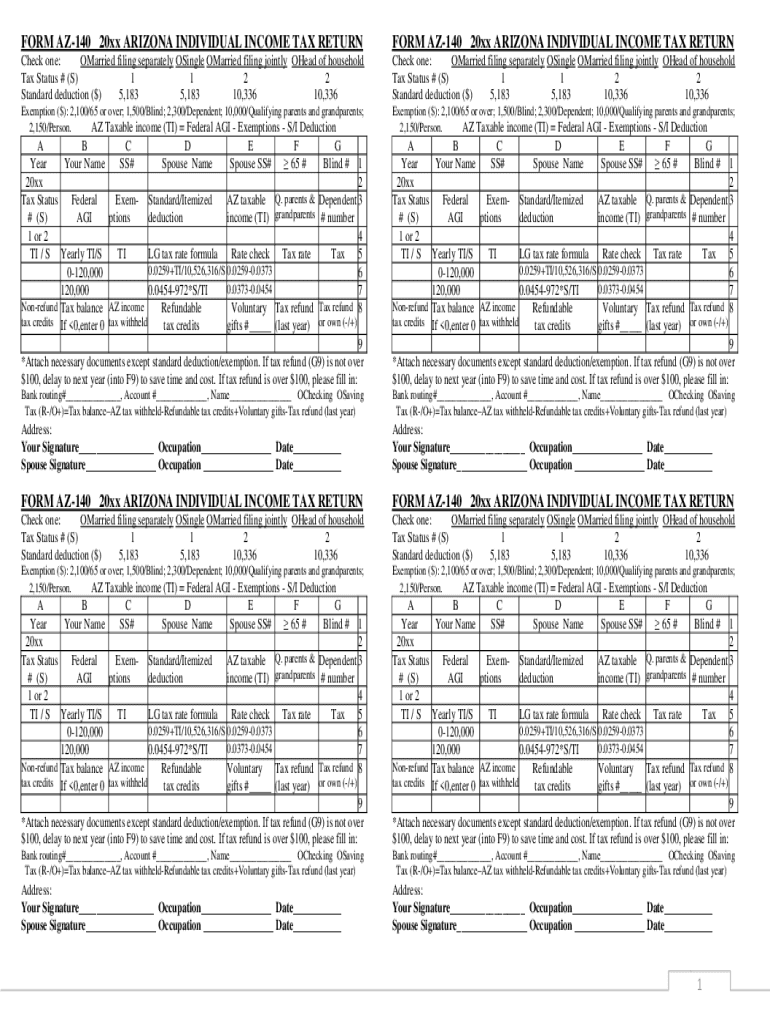 Fillable Online FORM AZ 140 20xx ARIZONA INDIVIDUAL INCOME TAX RETURN 