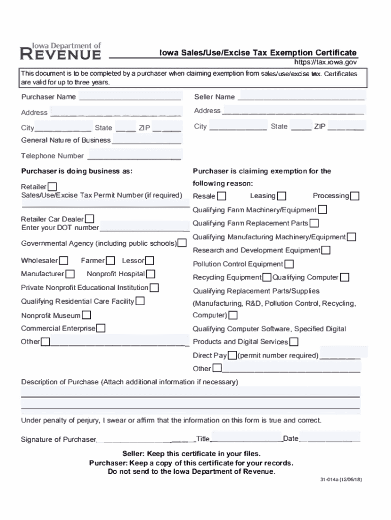 Fillable Online Iowa Sales Use Excise Tax Exemption Certificate 