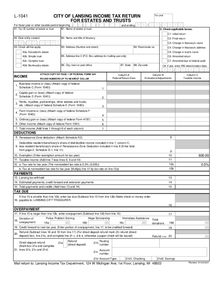 Fillable Online L 1041 CITY OF LANSING INCOME TAX RETURN FOR ESTATES 