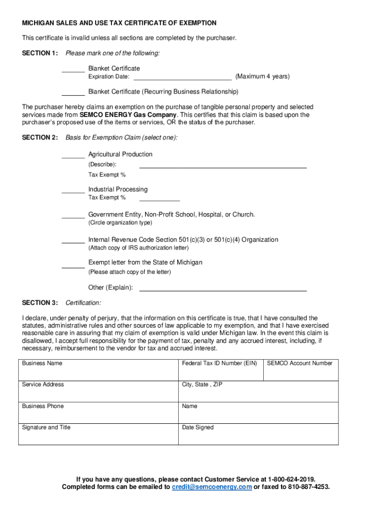 Fillable Online Michigan Sales and Use Tax Certificate of Exemption 