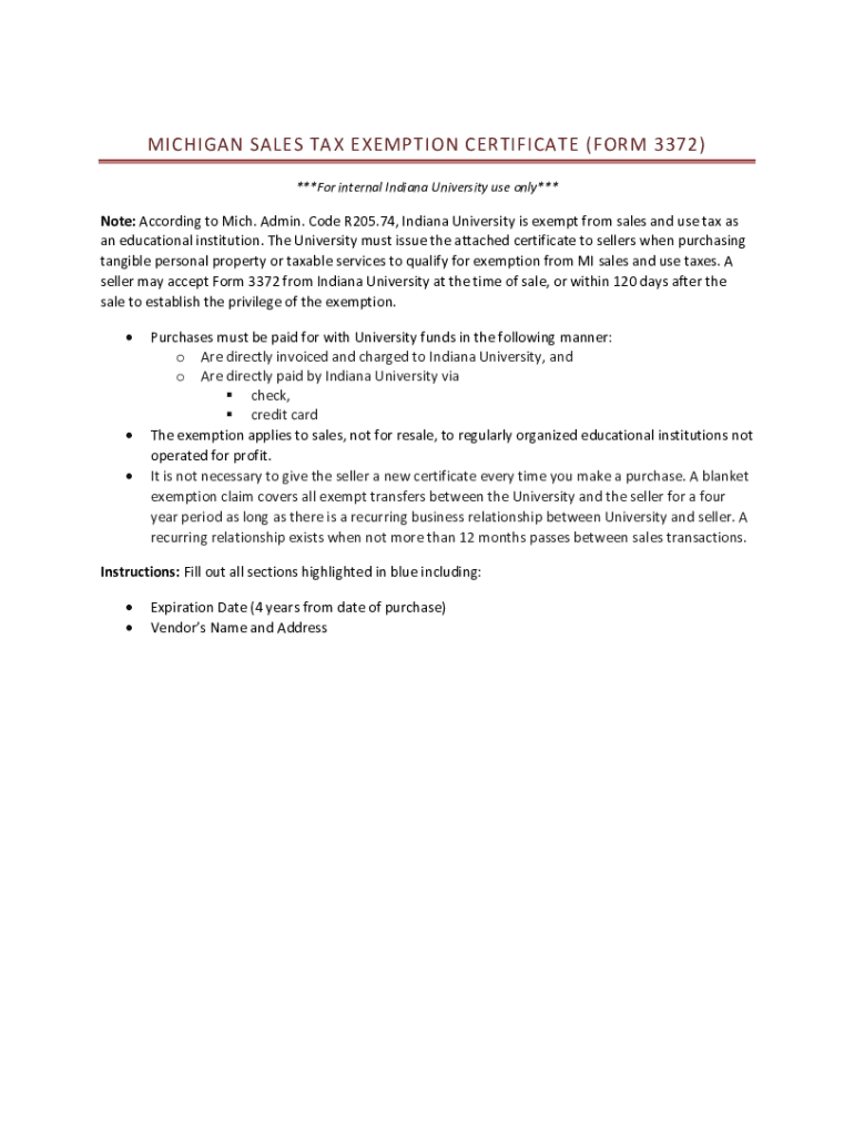 Fillable Online MICHIGAN SALES TAX EXEMPTION CERTIFICATE FORM Fax 