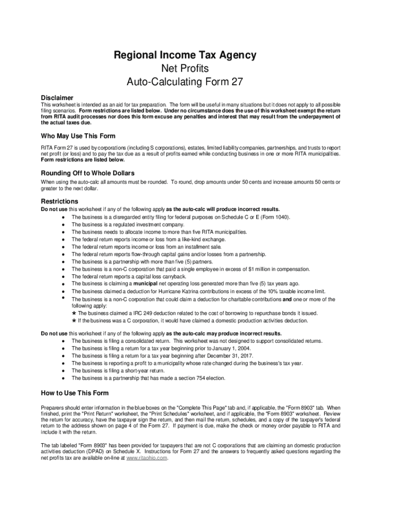 Fillable Online Regional Income Tax Agency Net Profits Auto Calculating