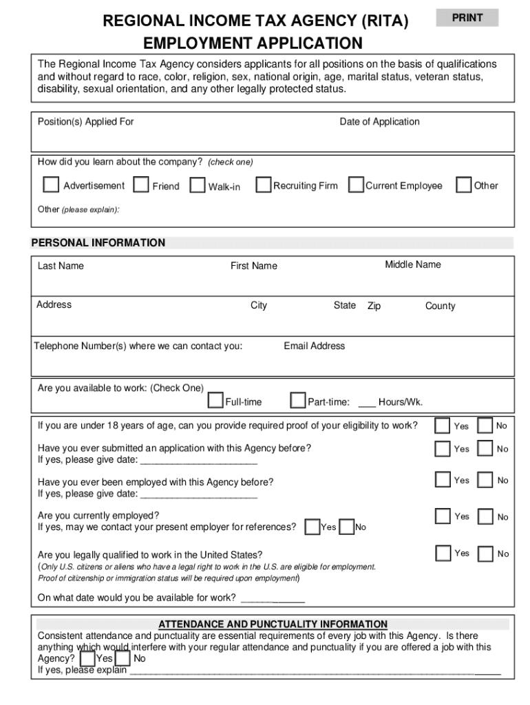 Fillable Online Regional Income Tax Agency rita Employment