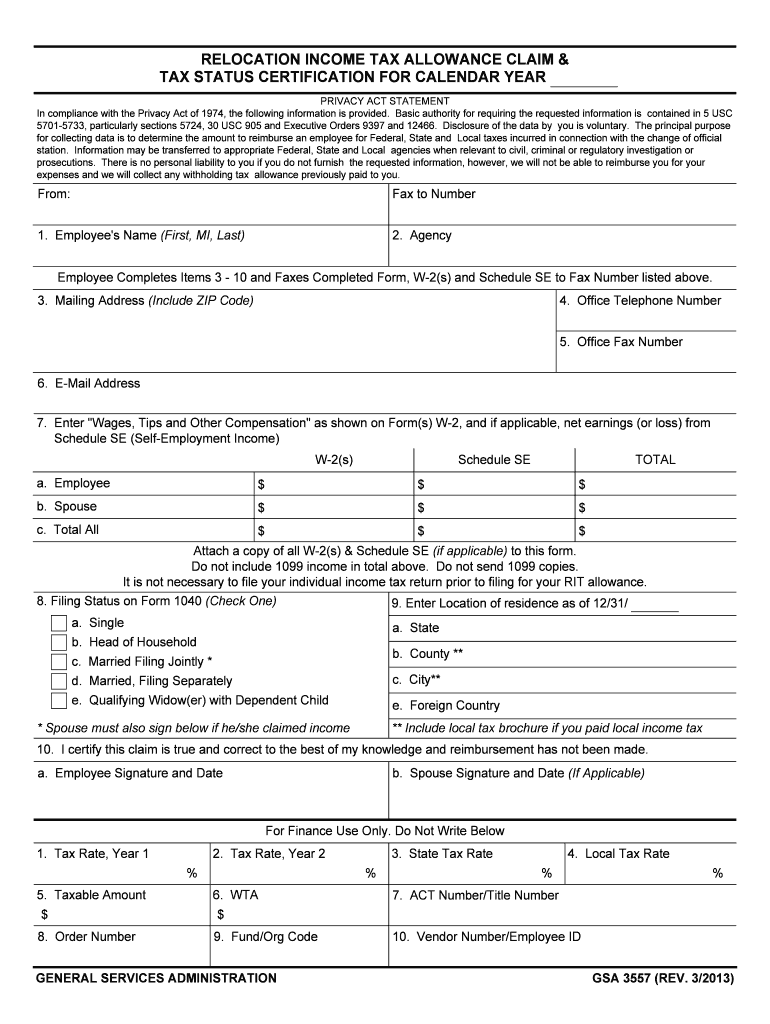 Fillable Online RELOCATION INCOME TAX ALLOWANCE CLAIM Fax Email Print