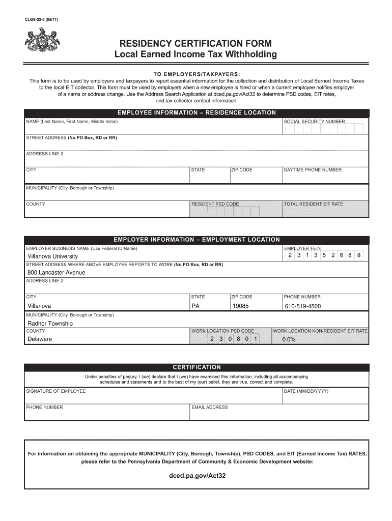 Fillable Online Residency Certification Form Local Earned Income Tax