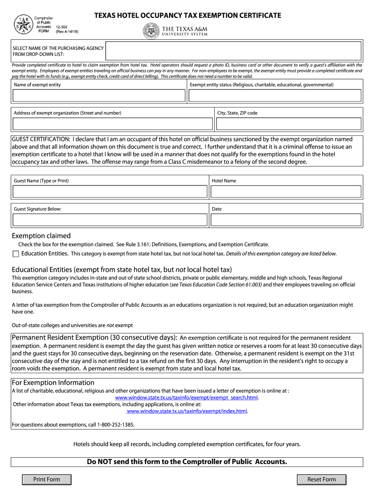Fillable Online Shs Tamu Texas Hotel Occupancy Tax Exempt Form Fax 