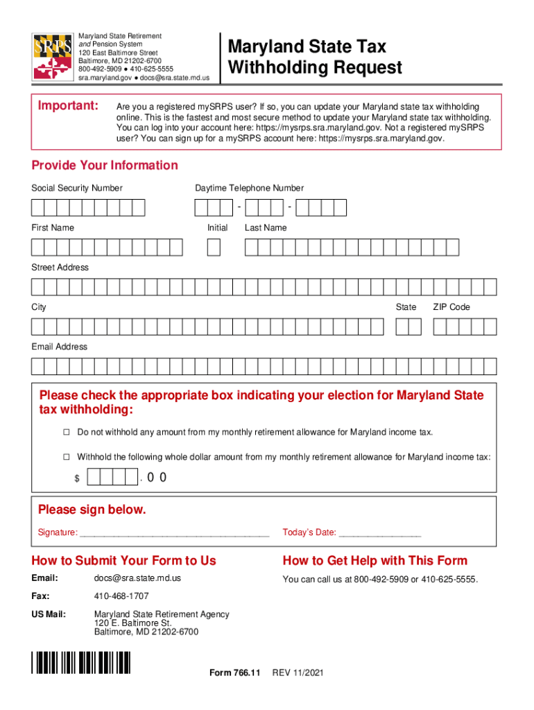 Fillable Online Sra Maryland Maryland State Tax Withholding Request Fax 
