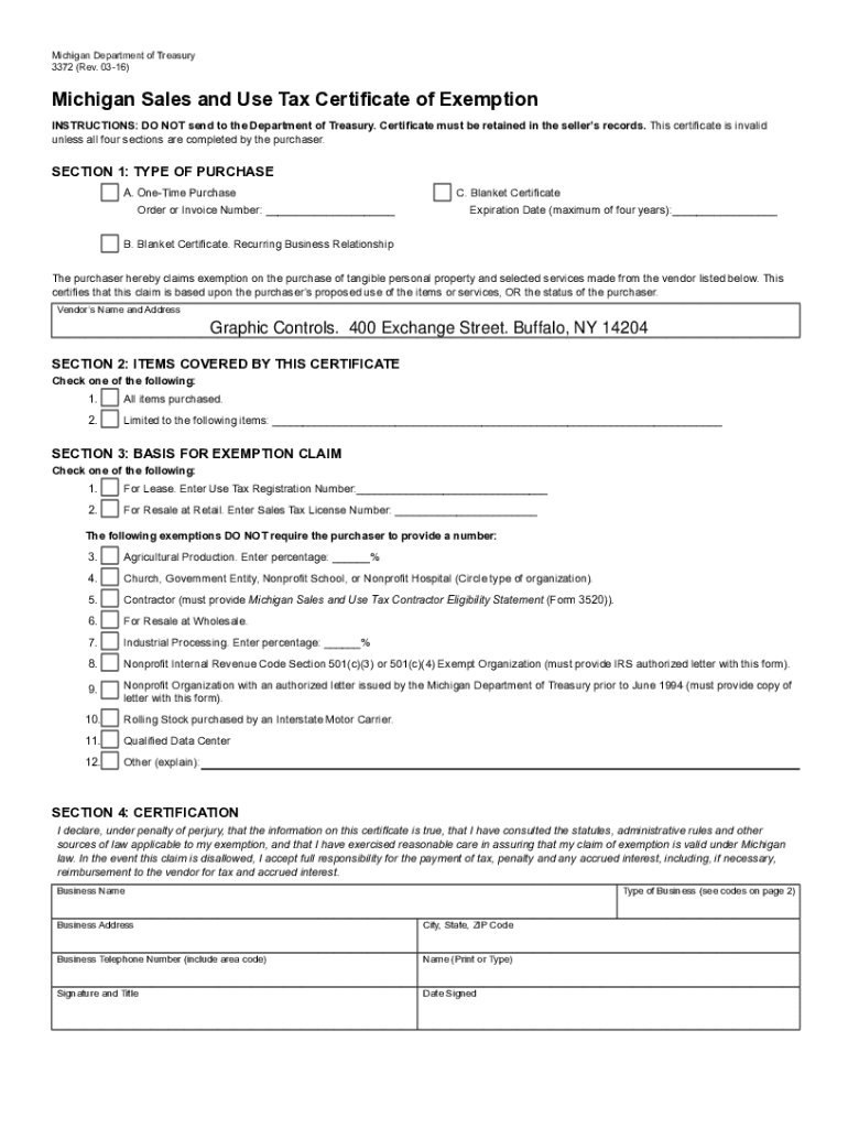Fillable Online State Of Mi Sales Tax Exemption Certificate Fax Email 