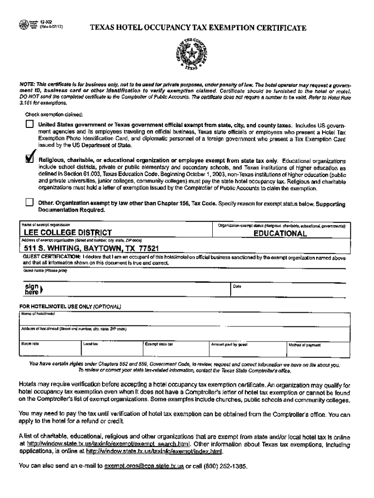 Fillable Online Texas Hotel Occupancy Tax Exemption Certificate Texas 