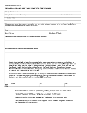 Fillable Online Texas Sales And Use Tax Exemption Certificate Troop 