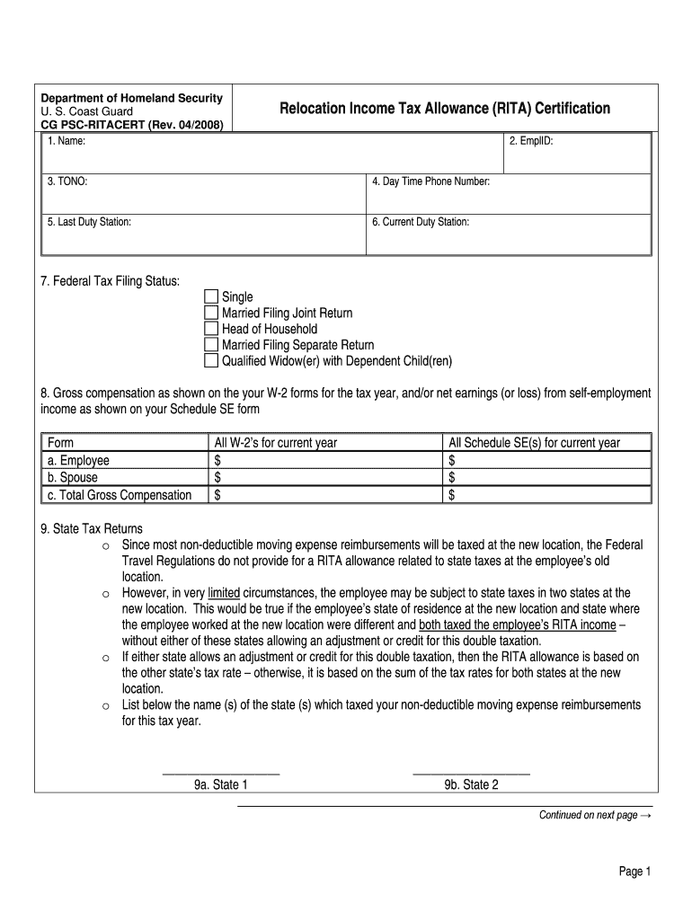 Fillable Online Uscg Relocation Income Tax Allowance RITA Certification 