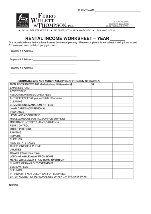 Fillable Rental Income Worksheet Template Printable Pdf Download